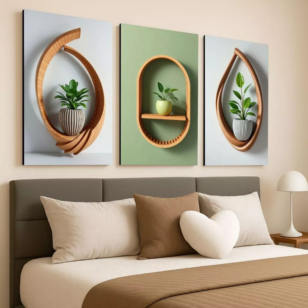 Kit 3 Quadros Decorativos Sala e Quarto Vaso de Plantas Madeira NOXHome