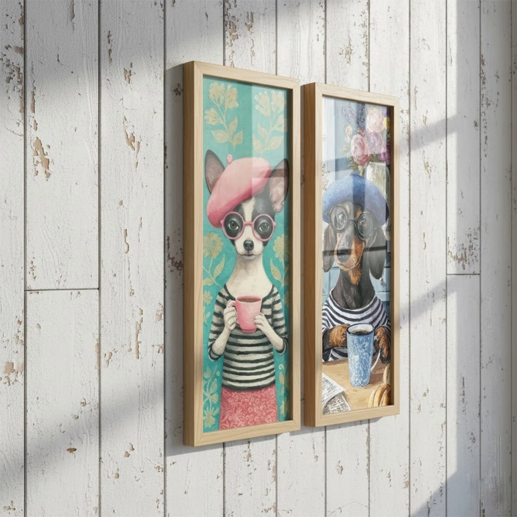 Kit 2 Quadros Verticais Cachorros Estilosos com Café 18x45 cm com Moldura e Vidro — visualização 3