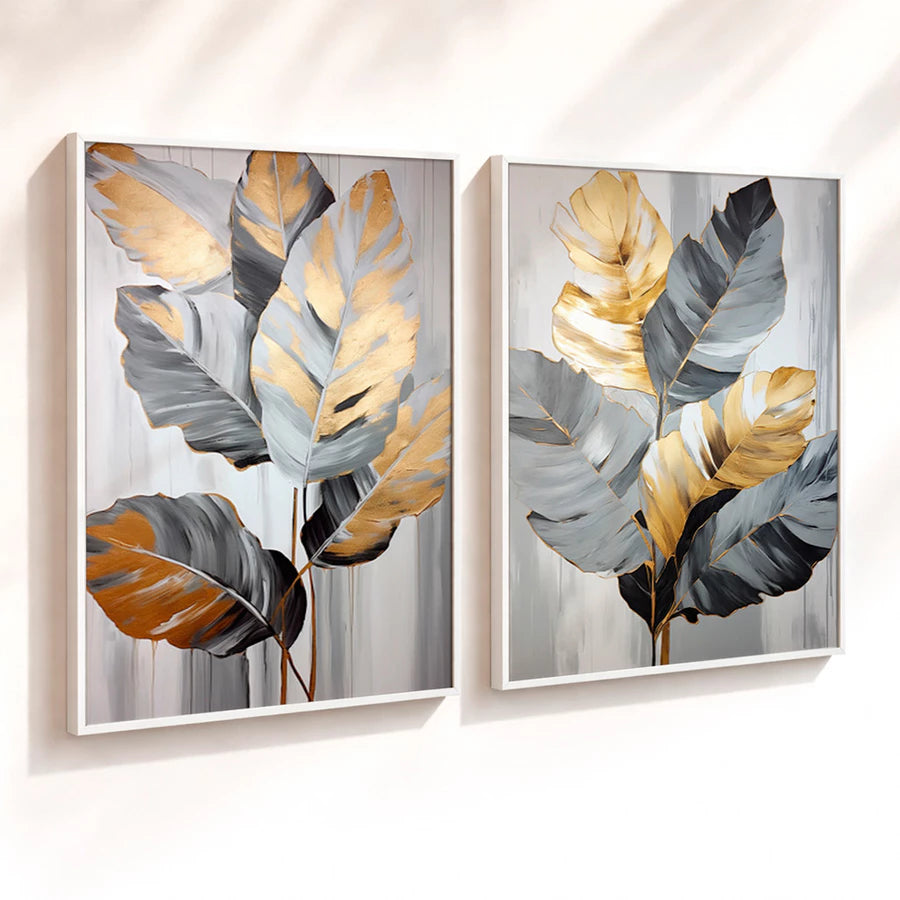 Kit 2 Quadros Decorativos com Moldura Folhas Cinza Dourado Tropical Moderno NOXHome
