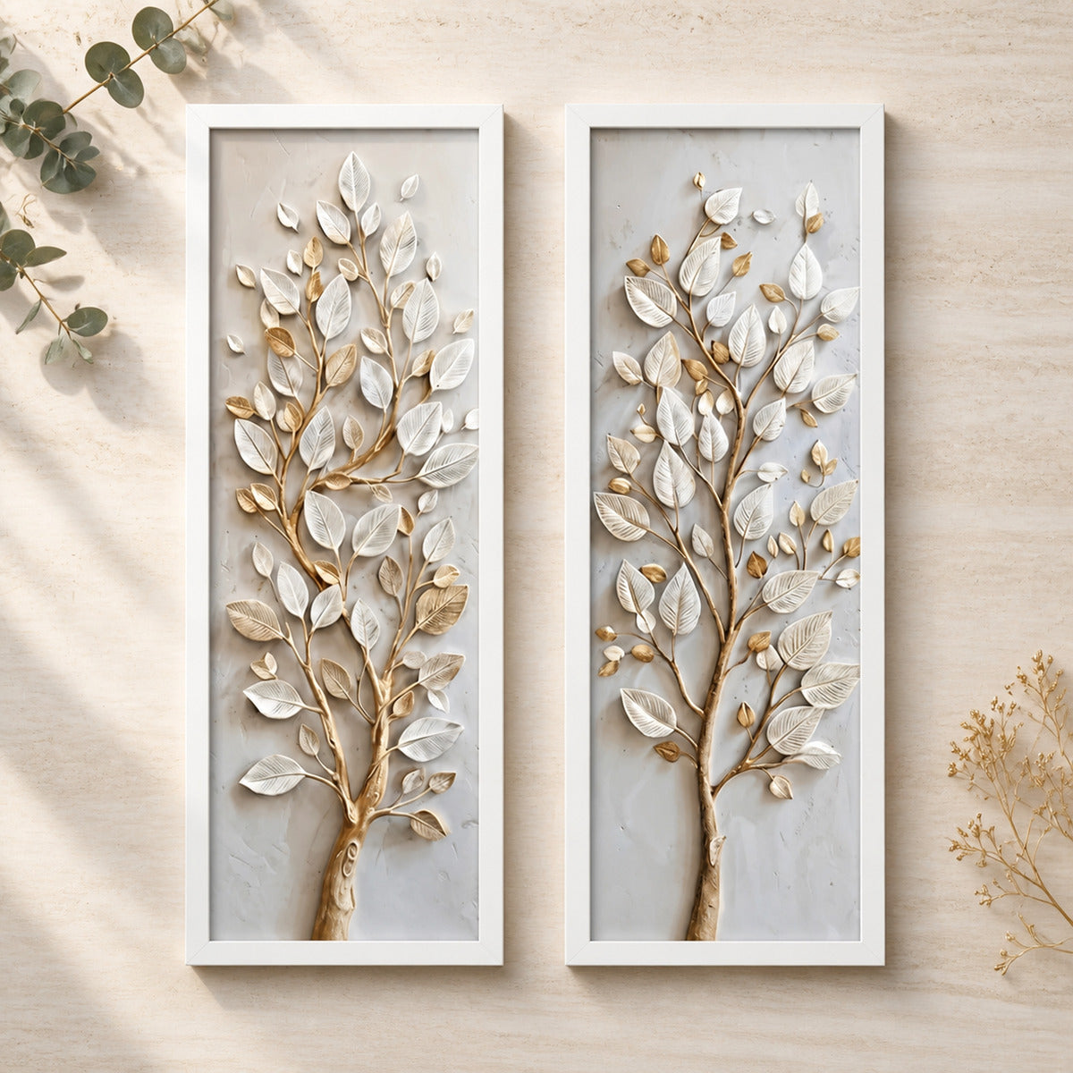 Kit 2 Quadros Verticais Árvore com Folhas Douradas — cenário decorativo