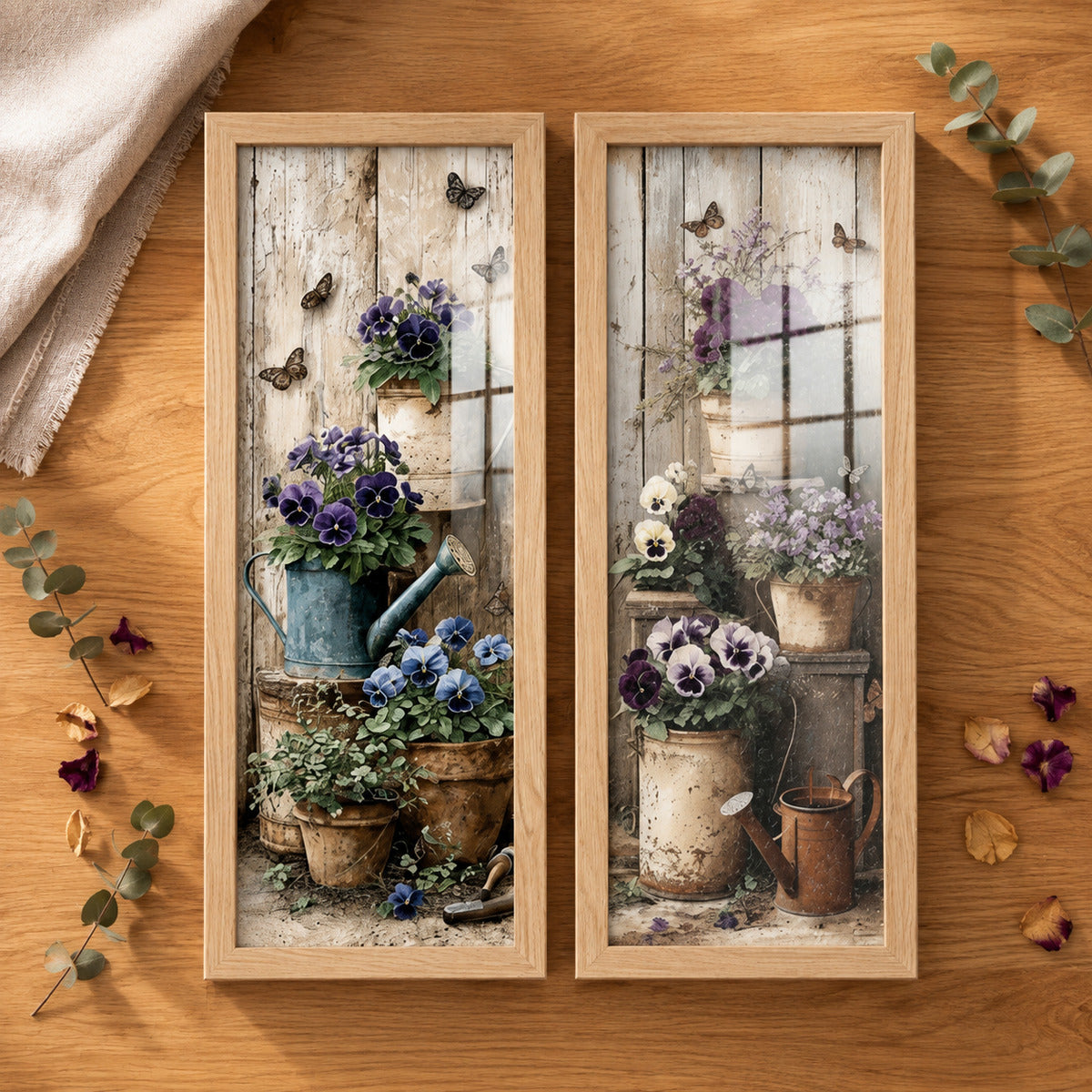Kit 2 Quadros Verticais Vasos Rústicos com Flores e Borboletas — cenário decorativo