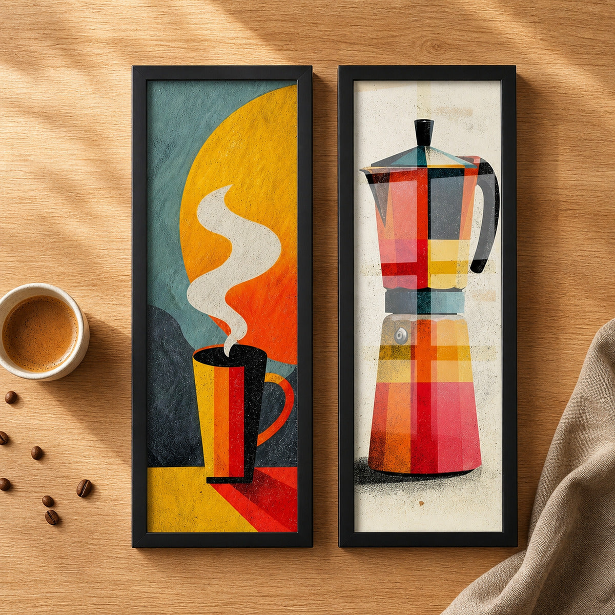 Kit 2 Quadros Verticais Café e Cafeteira Geométricos — cenário decorativo