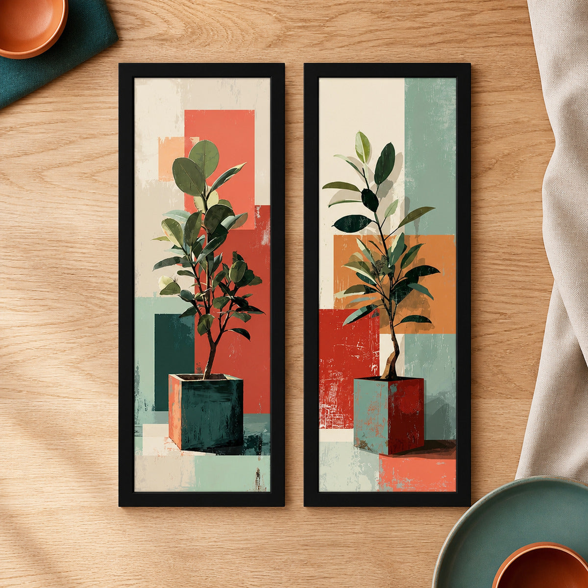 Kit 2 Quadros Verticais Vasos Geométricos Coloridos — cenário decorativo