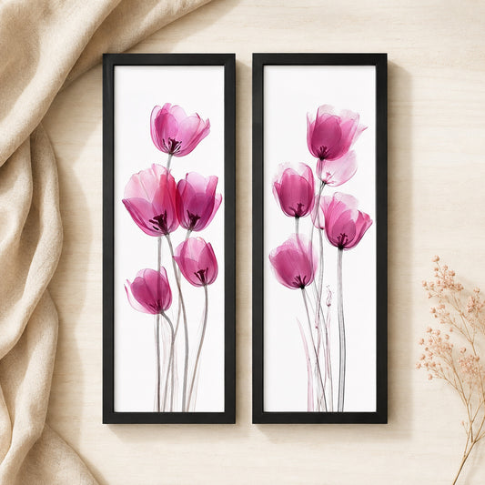 Kit 2 Quadros Verticais Tulipas Rosas Minimalistas — cenário decorativo
