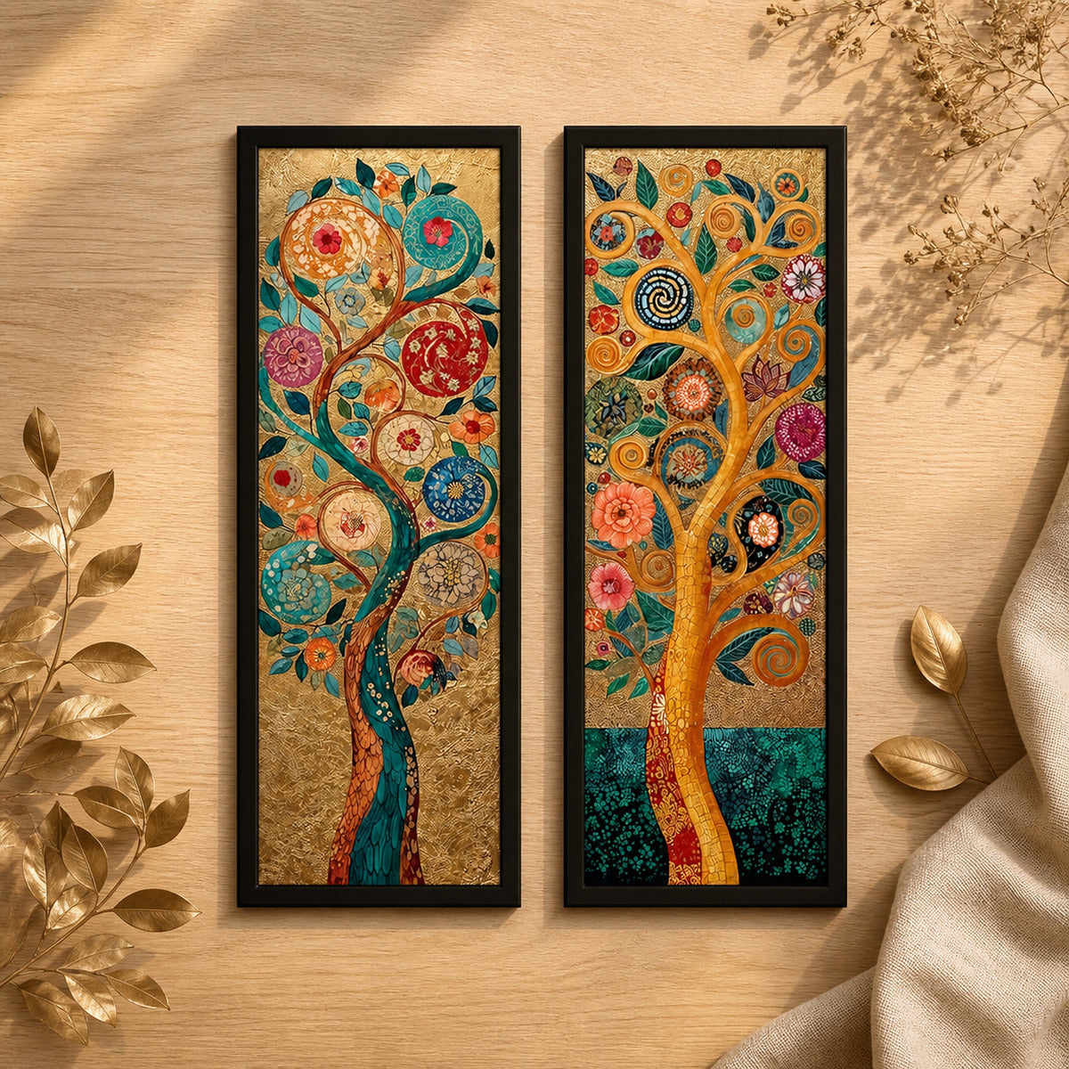 Kit 2 Quadros Verticais Árvore da Vida Dourada 24x62 cm — cenário decorativo