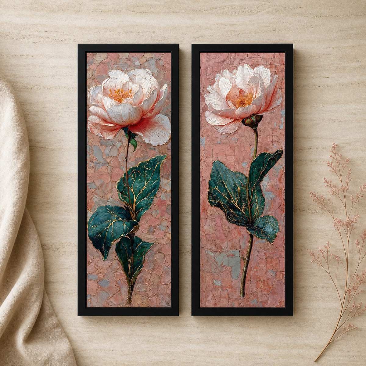 Kit 2 Quadros Verticais Flores Rosas Expressionistas — cenário decorativo