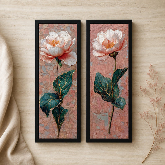 Kit 2 Quadros Verticais Flores Rosas Expressionistas — cenário decorativo
