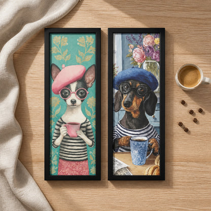 Kit 2 Quadros Verticais Cachorros Estilosos com Café — cenário decorativo