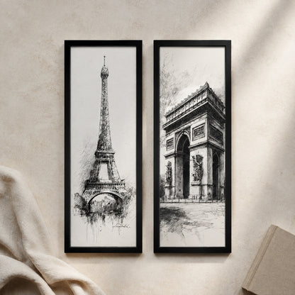 Kit 2 Quadros Verticais Torre Eiffel e Coliseu — cenário decorativo