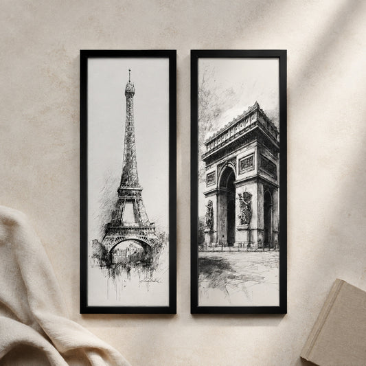 Kit 2 Quadros Verticais Torre Eiffel e Coliseu — cenário decorativo