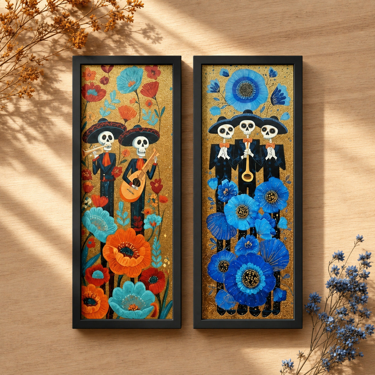 Kit 2 Quadros Verticais Caveiras Mexicanas Florais — cenário decorativo