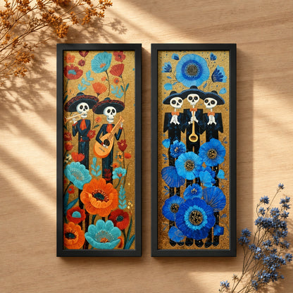 Kit 2 Quadros Verticais Caveiras Mexicanas Florais — cenário decorativo