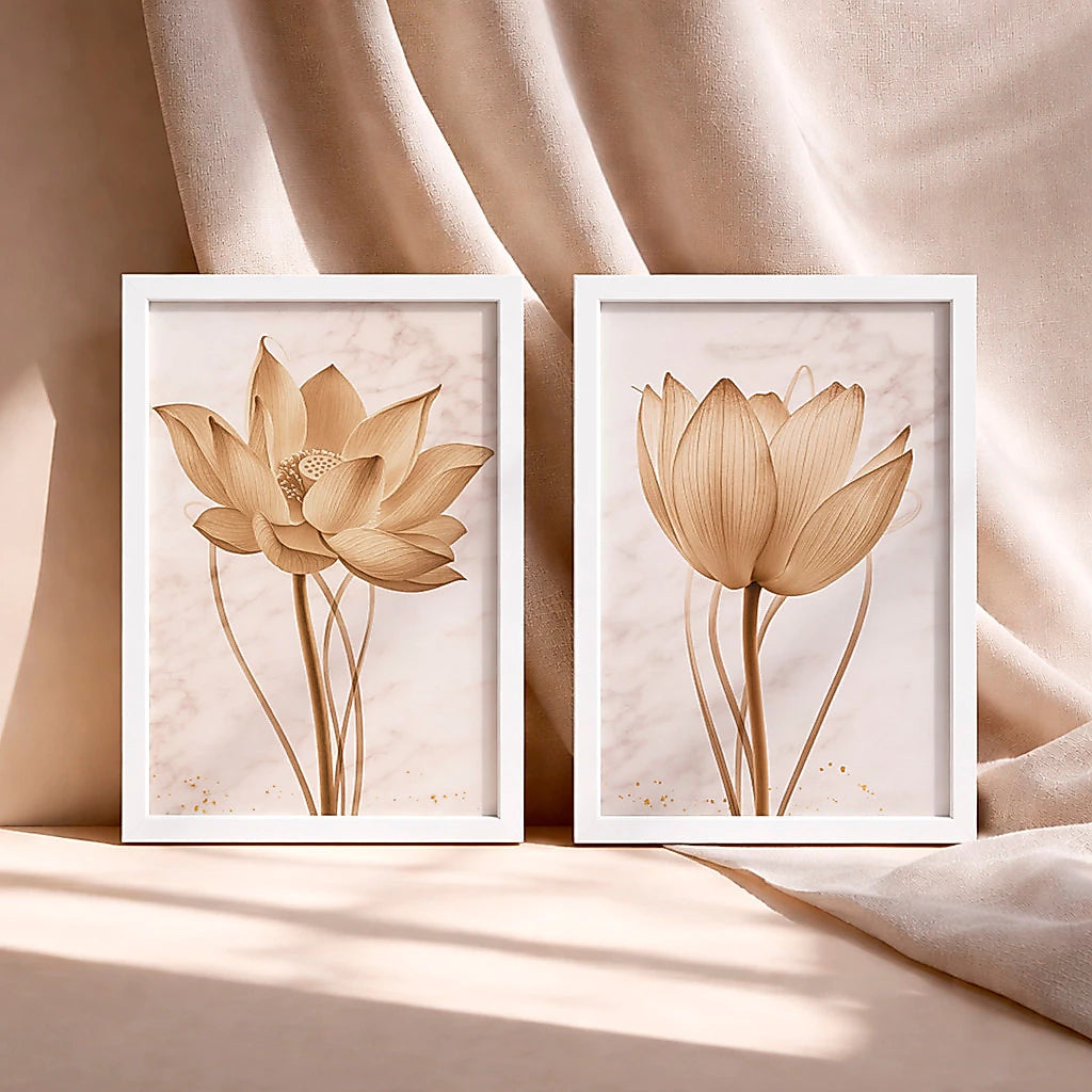 Kit 2 Quadros Decorativos Flor de Lótus Bege Minimalista NOXHome