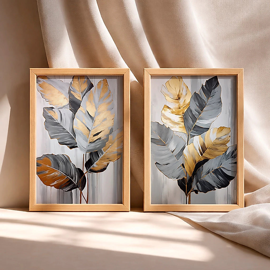 Kit 2 Quadros Decorativos com Moldura Folhas Cinza Dourado Tropical Moderno NOXHome
