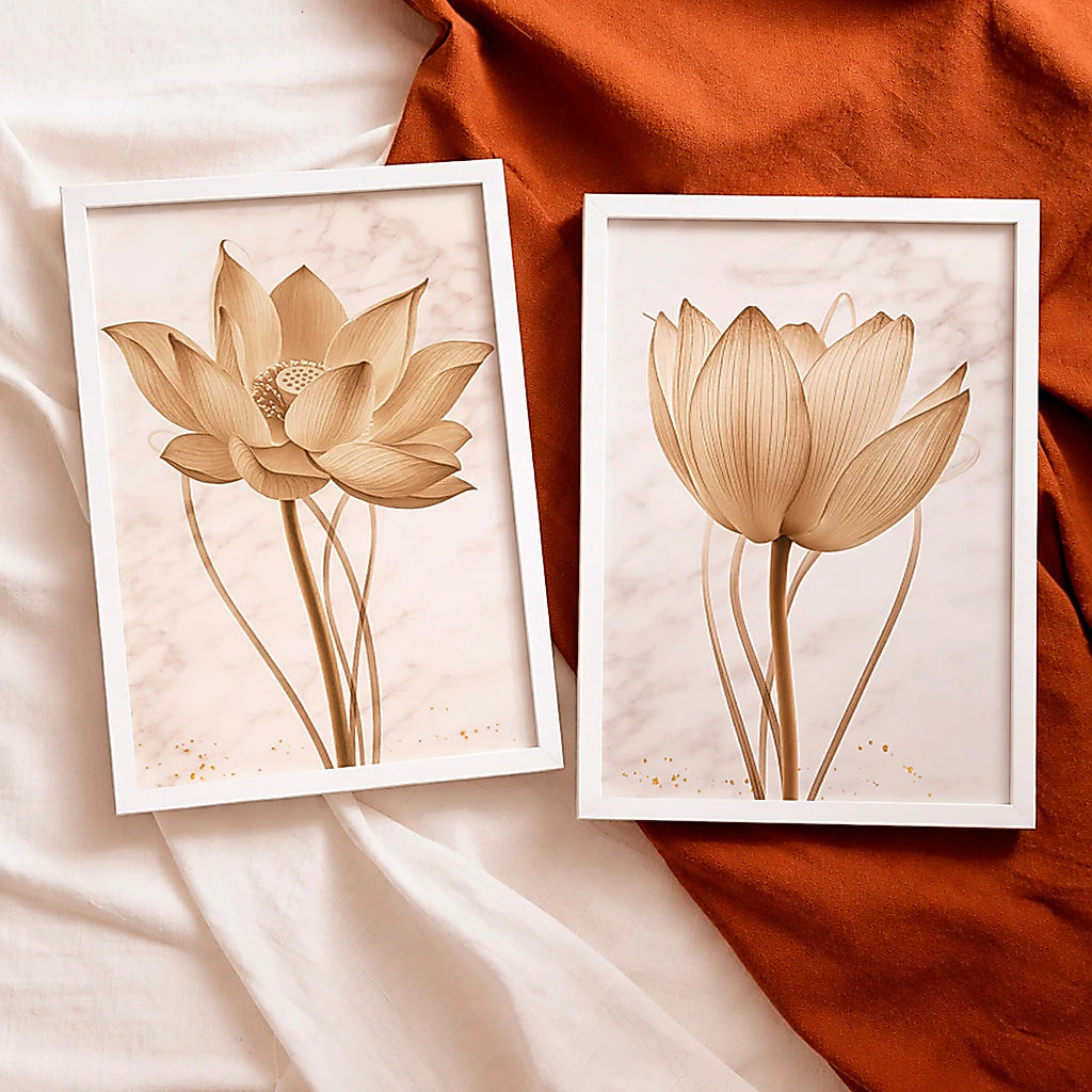 Kit 2 Quadros Decorativos Flor de Lótus Bege Minimalista NOXHome