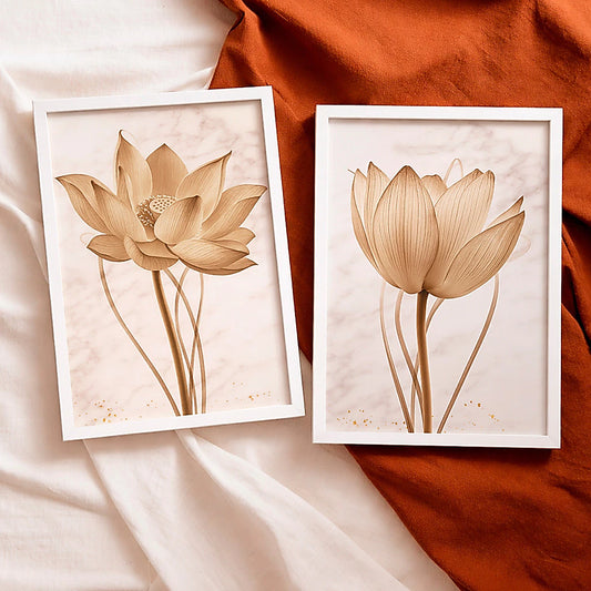 Kit 2 Quadros Decorativos Flor de Lótus Bege Minimalista NOXHome