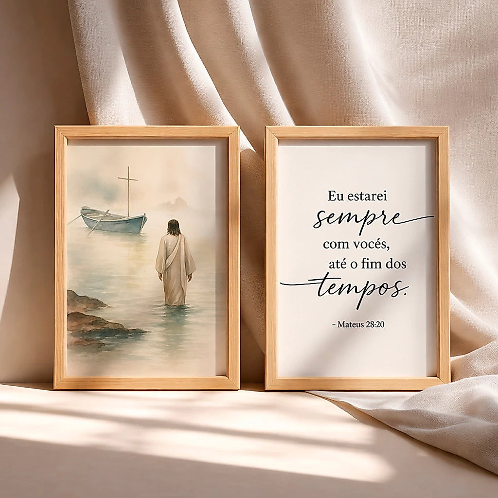Kit 2 Quadros Decorativos com Moldura Jesus Barco Versículo Bíblico Mateus Religioso Fé NOXHome