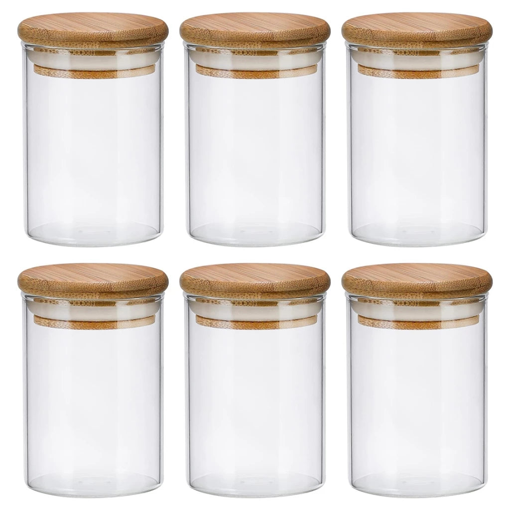 Kit Potes Herméticos de Vidro NOXHome | Tampa Bambu Porta-Temperos 200ml – Kit 6 Peças