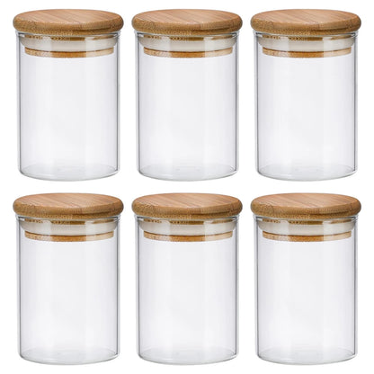 Kit Potes Herméticos de Vidro NOXHome | Tampa Bambu Porta-Temperos 200ml – Kit 6 Peças