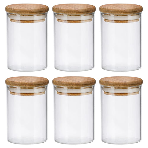 Kit Potes Herméticos de Vidro NOXHome | Tampa Bambu Porta-Temperos 200ml – Kit 6 Peças