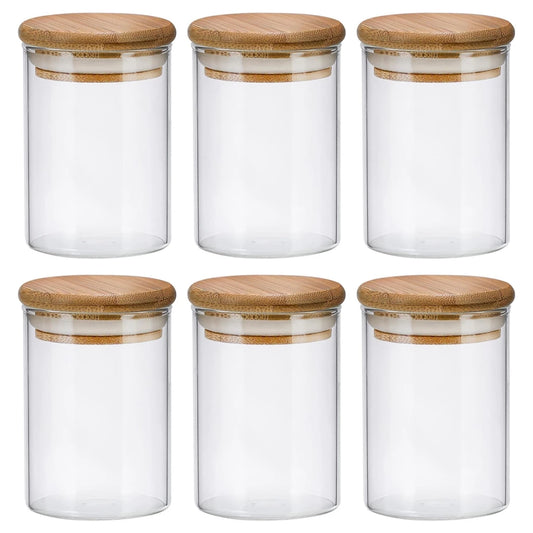 Kit Potes Herméticos de Vidro NOXHome | Tampa Bambu Porta-Temperos 200ml – Kit 6 Peças