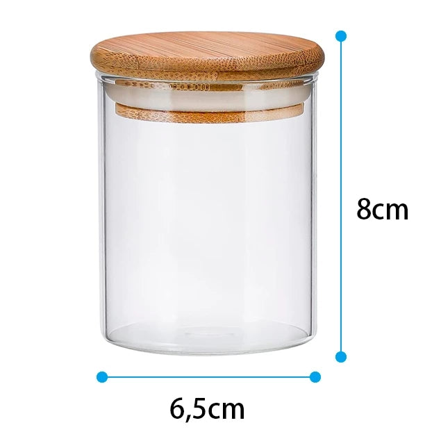 Kit Potes Herméticos de Vidro NOXHome | Tampa Bambu Porta-Temperos 200ml – Kit 6 Peças