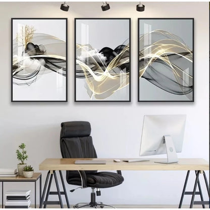 Kit 3 Quadros Decorativos Abstrato Gold NOXHome | Impressão 4K em MDF Premium – Sala e Quarto