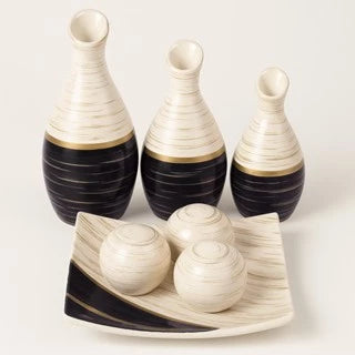 Trio de Vasinhos Decorativos NOXHome | Cerâmica com Bandeja e Bolinhas – Kit 5 Peças