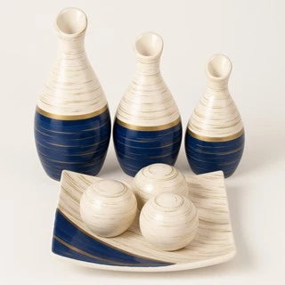 Trio de Vasinhos Decorativos NOXHome | Cerâmica com Bandeja e Bolinhas – Kit 5 Peças