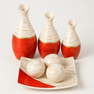 Trio de Vasinhos Decorativos NOXHome | Cerâmica com Bandeja e Bolinhas – Kit 5 Peças