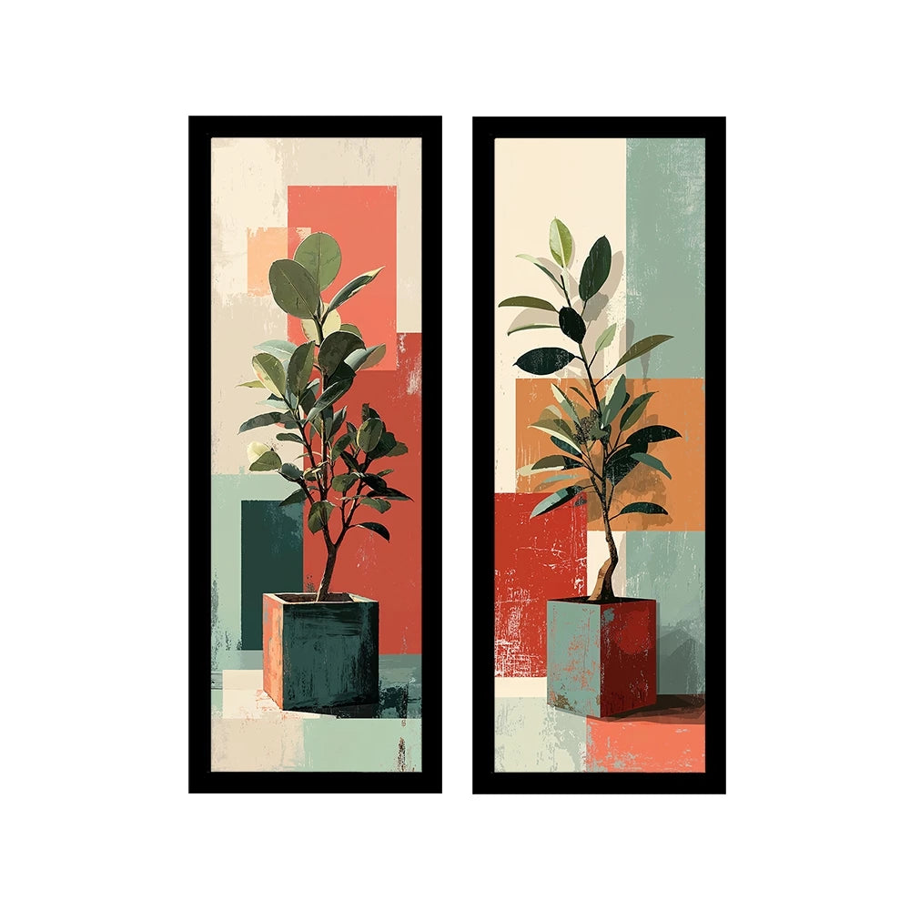 Kit 2 Quadros Verticais Vasos Geométricos Coloridos 18x45 cm com Moldura e Vidro — composição principal