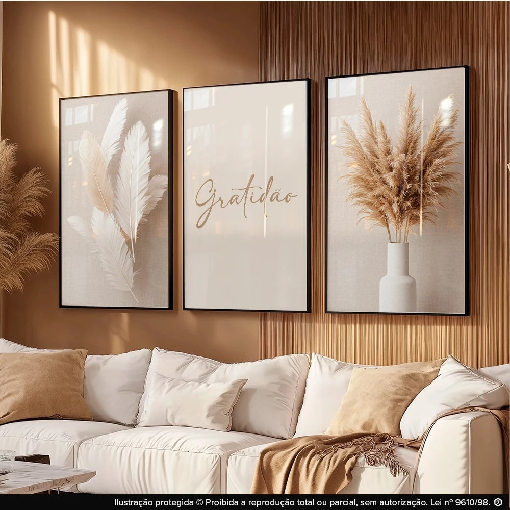 Kit 3 Quadros Decorativos Gratidão Ramo de Trigo NOXHome