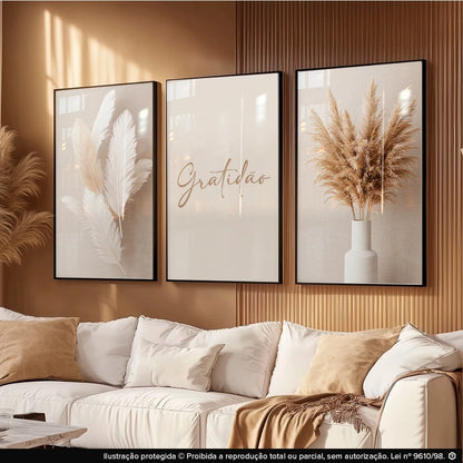 Kit 3 Quadros Decorativos Gratidão Ramo de Trigo NOXHome