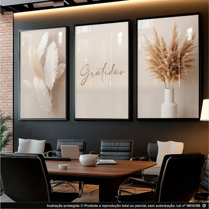 Kit 3 Quadros Decorativos Gratidão Ramo de Trigo NOXHome