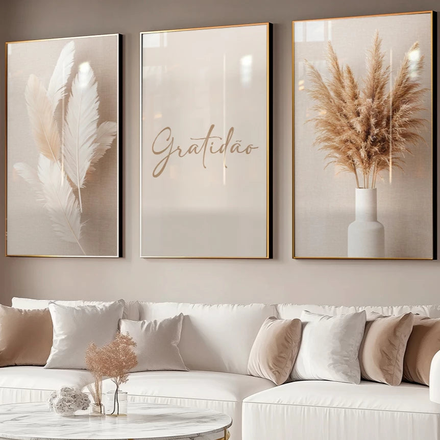 Kit 3 Quadros Decorativos Gratidão Ramo de Trigo NOXHome