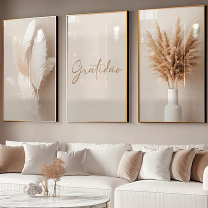 Kit 3 Quadros Decorativos Gratidão Ramo de Trigo NOXHome