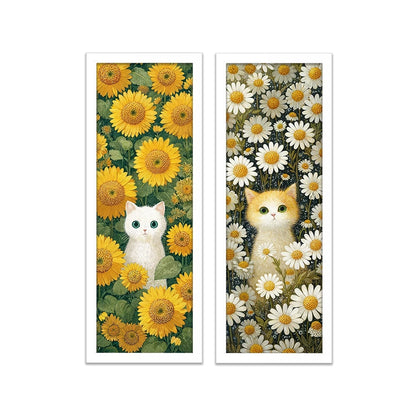 Kit 2 Quadros Verticais Gatos entre Girassóis e Margaridas 18x45 cm com Moldura e Vidro — visualização 2