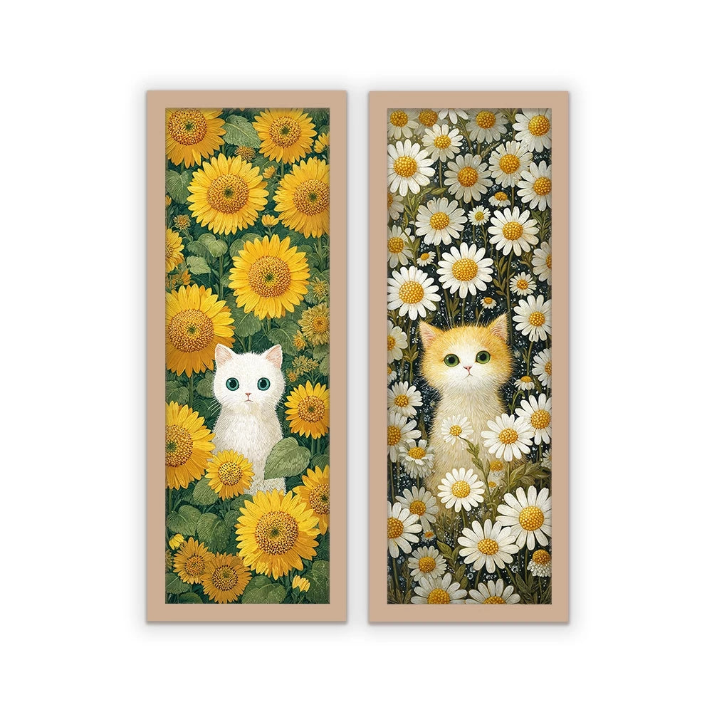 Kit 2 Quadros Verticais Gatos entre Girassóis e Margaridas 18x45 cm com Moldura e Vidro — visualização 3