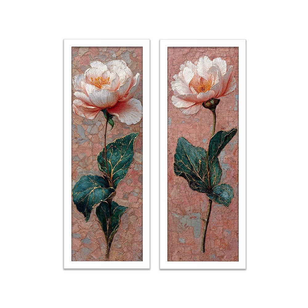 Kit 2 Quadros Verticais Flores Rosas Expressionistas 18x45 cm com Moldura e Vidro — visualização 2