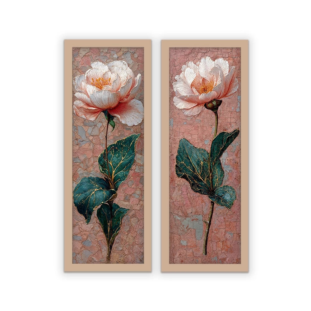 Kit 2 Quadros Verticais Flores Rosas Expressionistas 18x45 cm com Moldura e Vidro — visualização 3