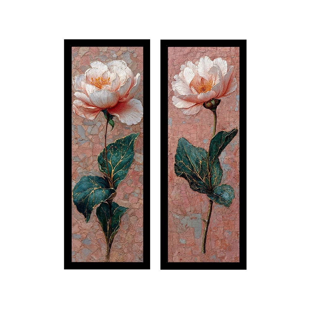 Kit 2 Quadros Verticais Flores Rosas Expressionistas 18x45 cm com Moldura e Vidro — composição principal