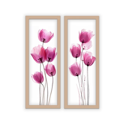 Kit 2 Quadros Verticais Tulipas Rosas Minimalistas 18x45 cm com Moldura e Vidro — visualização 3