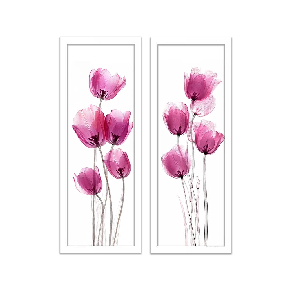 Kit 2 Quadros Verticais Tulipas Rosas Minimalistas 18x45 cm com Moldura e Vidro — visualização 2