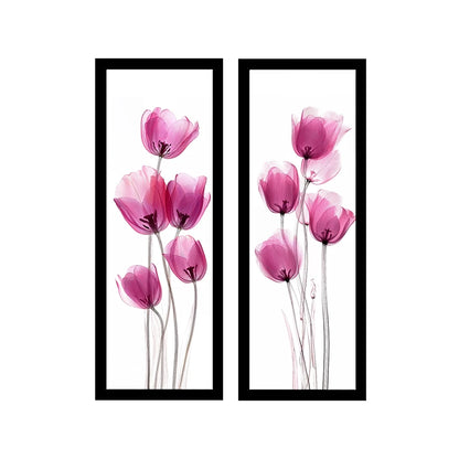 Kit 2 Quadros Verticais Tulipas Rosas Minimalistas 18x45 cm com Moldura e Vidro — composição principal