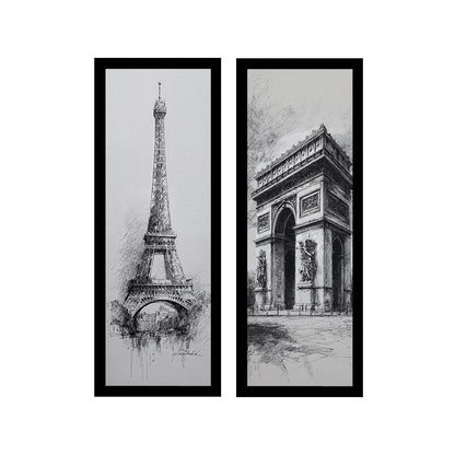 Kit 2 Quadros Verticais Torre Eiffel e Coliseu 18x45 cm com Moldura e Vidro — composição principal