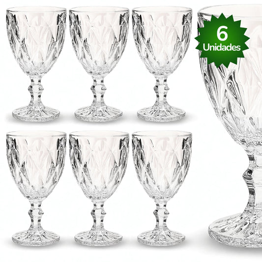 Jogo de Taças Diamante NOXHome | Vidro Transparente 330ml – Kit 6 Peças
