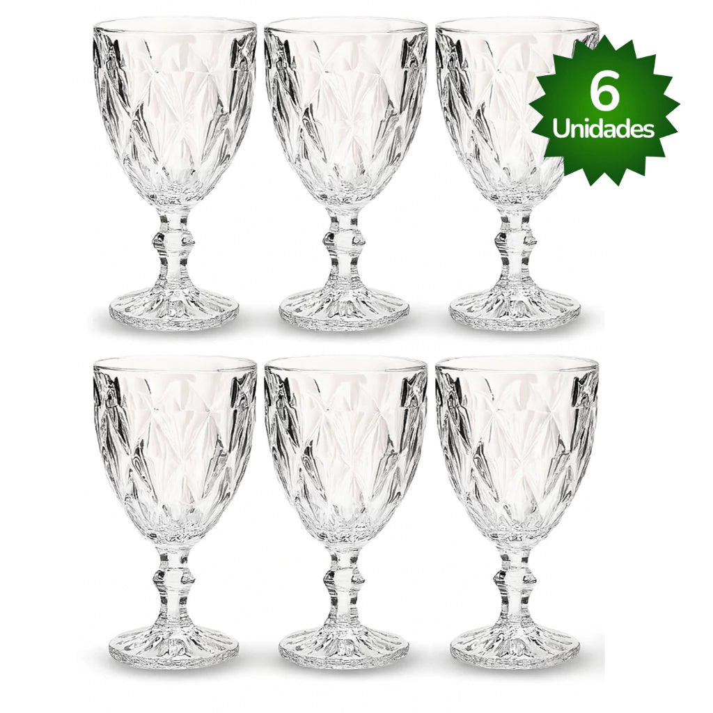 Jogo de Taças Diamante NOXHome | Vidro Transparente 330ml – Kit 6 Peças