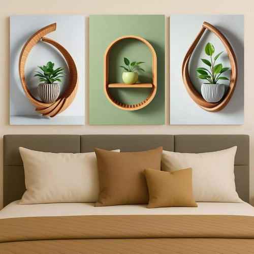 Kit 3 Quadros Decorativos Sala e Quarto Vaso de Plantas Madeira NOXHome