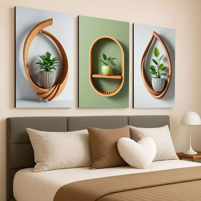 Kit 3 Quadros Decorativos Sala e Quarto Vaso de Plantas Madeira NOXHome