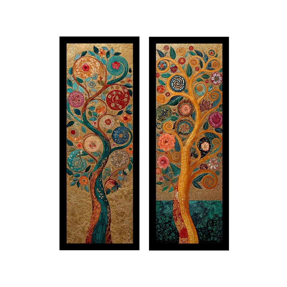 Kit 2 Quadros Verticais Árvore da Vida Dourada 24x62 cm com Moldura e Vidro — composição principal